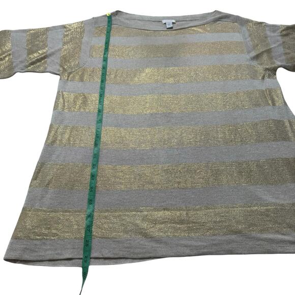 CHICOS Gold Tan Stripe Linen Blend Short Sleeve Relaxed Knit Top Size Large (2) - Picture 7 of 9